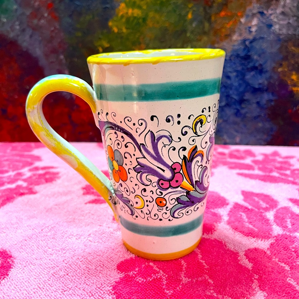 VTG Italian Hand Painted Floral Ceramic Pottery Tall Coffee Mug Cup